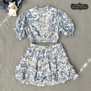 Hemant & Nandita Blue Floral tiered mini skirt and crop top Size Large